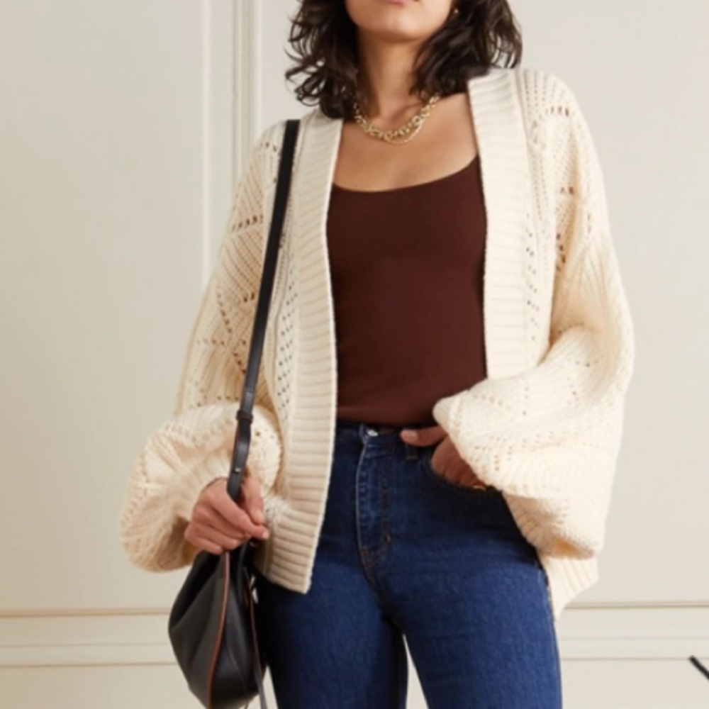 KING & TUCKFIELD Pointelle Knit Merino Wool Cardigan In Cream